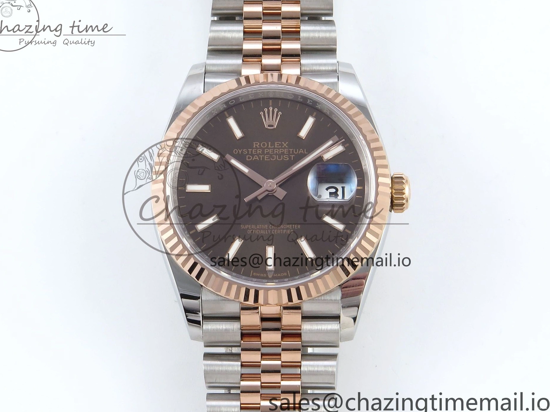MiroTime 0204 SmoothTexture DateJust 36 126231 EWEF Best Edition Brown Dial Stick Marker on SS RG Jubilee Bracelet A 592